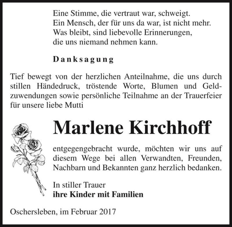  Traueranzeige für Marlene Kirchhoff  vom 22.02.2017 aus Magdeburger Volksstimme