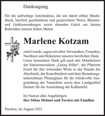 Traueranzeige von Marlene Kotzam  von Magdeburger Volksstimme