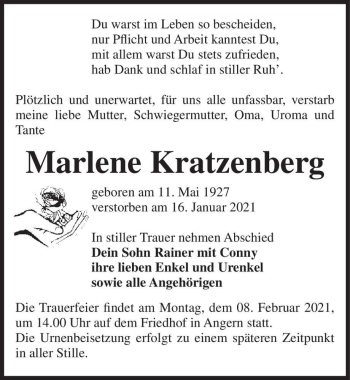 Traueranzeige von Marlene Kratzenberg  von Magdeburger Volksstimme