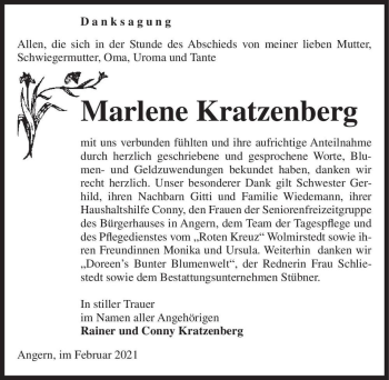Traueranzeige von Marlene Kratzenberg  von Magdeburger Volksstimme