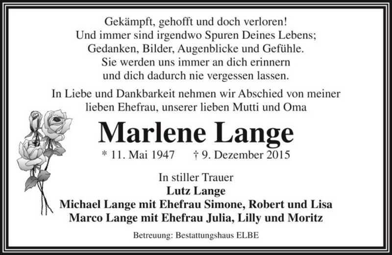  Traueranzeige für Marlene Lange  vom 12.12.2015 aus Magdeburger Volksstimme