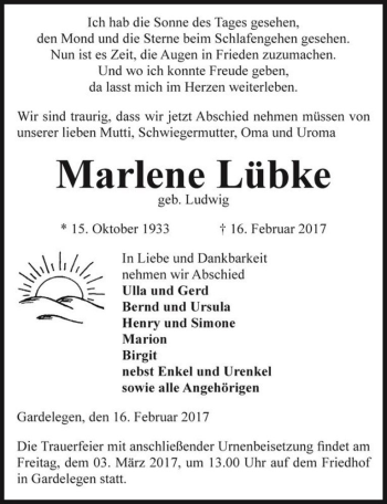 Traueranzeige von Marlene Lübke (geb. Ludwig)  von Magdeburger Volksstimme