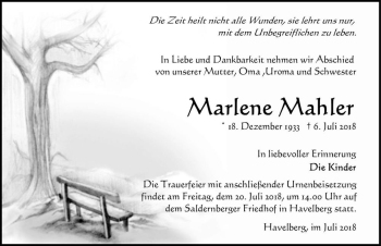 Traueranzeige von Marlene Mahler  von Magdeburger Volksstimme