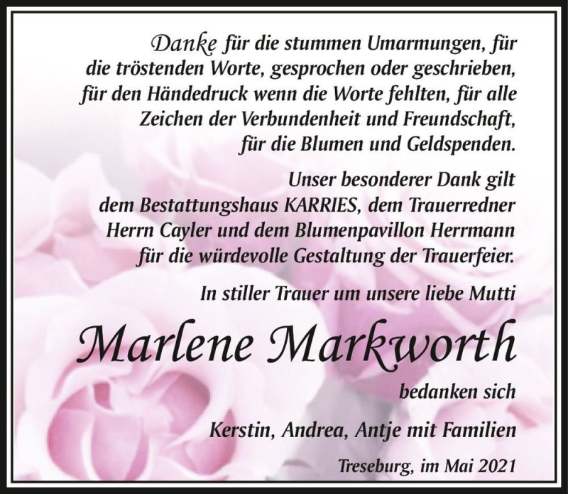  Traueranzeige für Marlene Markworth  vom 08.05.2021 aus Magdeburger Volksstimme