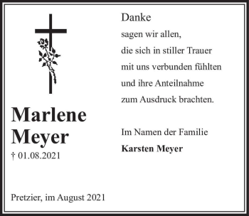 Traueranzeige von Marlene Meyer  von Magdeburger Volksstimme