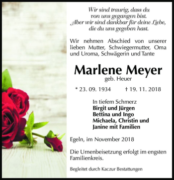 Traueranzeige von Marlene Meyer (geb. Heuer)  von Magdeburger Volksstimme