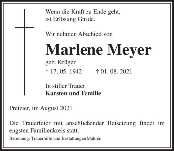 Traueranzeige von Marlene Meyer (geb. Krüger)  von Magdeburger Volksstimme