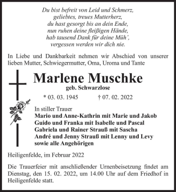 Traueranzeige von Marlene Muschke (geb. Schwarzlose)  von Magdeburger Volksstimme