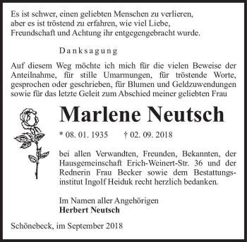 Traueranzeige von Marlene Neutsch  von Magdeburger Volksstimme