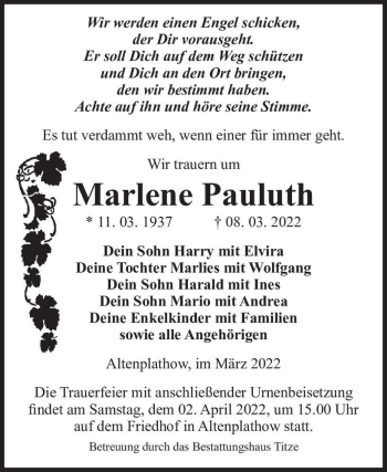 Traueranzeige von Marlene Pauluth  von Magdeburger Volksstimme
