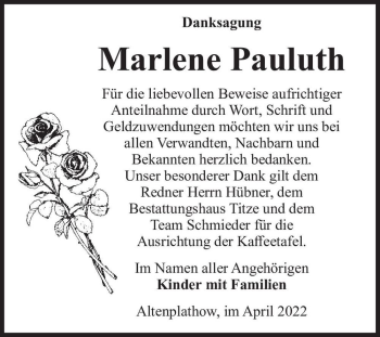 Traueranzeige von Marlene Pauluth  von Magdeburger Volksstimme