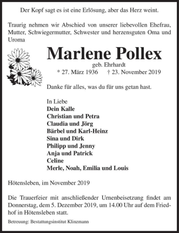 Traueranzeige von Marlene Pollex (geb. Ehrhardt)  von Magdeburger Volksstimme