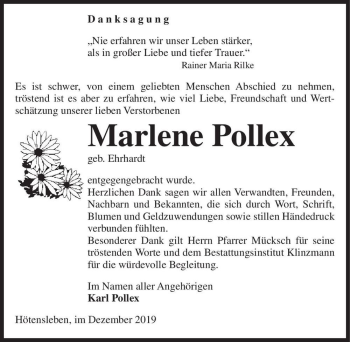Traueranzeige von Marlene Pollex (geb. Ehrhardt)  von Magdeburger Volksstimme