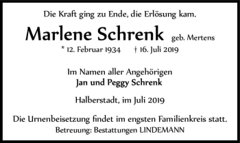 Traueranzeige von Marlene Schrenk (geb. Mertens)  von Magdeburger Volksstimme