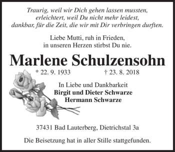 Traueranzeige von Marlene Schulzensohn  von Magdeburger Volksstimme
