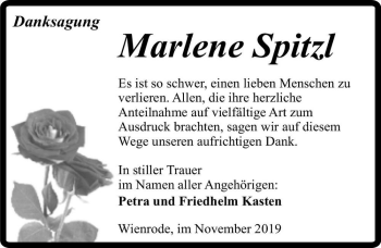 Traueranzeige von Marlene Spitzl  von Magdeburger Volksstimme