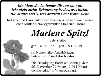 Traueranzeige von Marlene Spitzl (geb. Steilen)  von Magdeburger Volksstimme