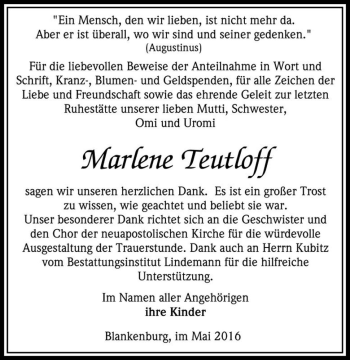 Traueranzeige von Marlene Teutloff  von Magdeburger Volksstimme