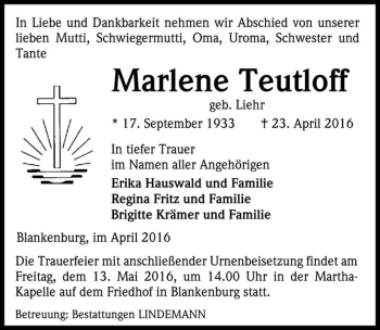 Traueranzeige von Marlene Teutloff ( geb. Liehr)  von Magdeburger Volksstimme