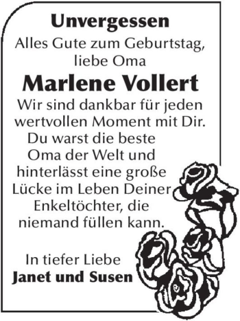 Traueranzeige von Marlene Vollert  von Magdeburger Volksstimme