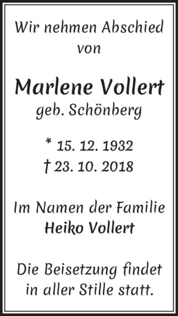 Traueranzeige von Marlene Vollert (geb. Schönberg)  von Magdeburger Volksstimme