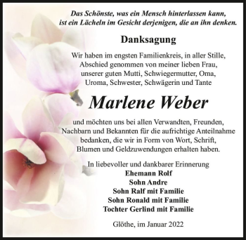 Traueranzeige von Marlene Weber  von Magdeburger Volksstimme