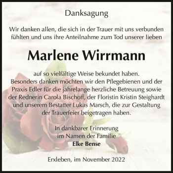Traueranzeige von Marlene Wirrmann  von Magdeburger Volksstimme