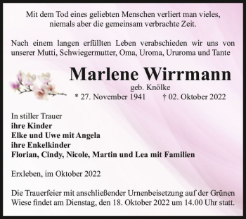 Traueranzeige von Marlene Wirrmann (geb. Knölke)  von Magdeburger Volksstimme