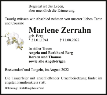 Traueranzeige von Marlene Zerrahn (geb. Berg)  von Magdeburger Volksstimme