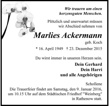 Traueranzeige von Marlies Ackermann (geb. Koch)  von Magdeburger Volksstimme
