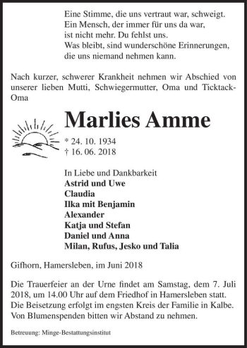 Traueranzeige von Marlies Amme  von Magdeburger Volksstimme