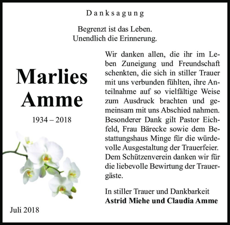  Traueranzeige für Marlies Amme  vom 21.07.2018 aus Magdeburger Volksstimme