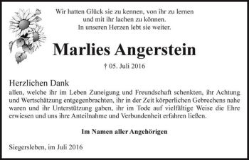 Traueranzeige von Marlies Angerstein  von Magdeburger Volksstimme