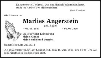 Traueranzeige von Marlies Angerstein (geb. Bader)  von Magdeburger Volksstimme