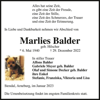 Traueranzeige von Marlies Balder (geb. Hilscher)  von Magdeburger Volksstimme