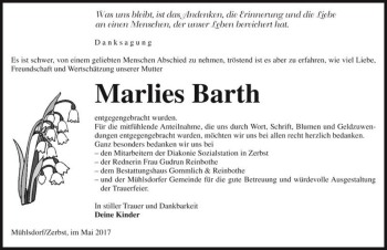 Traueranzeige von Marlies Barth  von Magdeburger Volksstimme