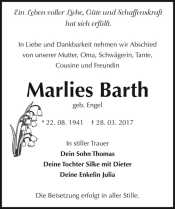 Traueranzeige von Marlies Barth (geb. Engel)  von Magdeburger Volksstimme