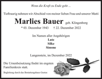 Traueranzeige von Marlies Bauer (geb. Klingenberg)  von Magdeburger Volksstimme