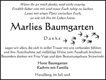 Traueranzeige von Marlies Baumgarten  von Magdeburger Volksstimme