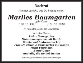 Traueranzeige von Marlies Baumgarten (geb. Cotte)  von Magdeburger Volksstimme