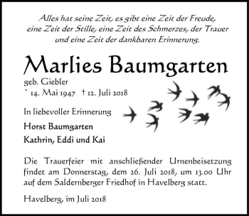 Traueranzeige von Marlies Baumgarten (geb. Giebler)  von Magdeburger Volksstimme
