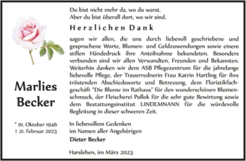 Traueranzeige von Marlies Becker  von Magdeburger Volksstimme