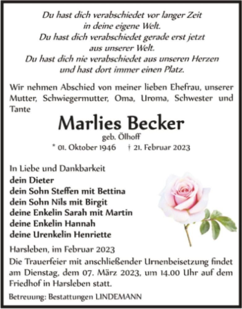 Traueranzeige von Marlies Becker (geb. Ölhoff)  von Magdeburger Volksstimme