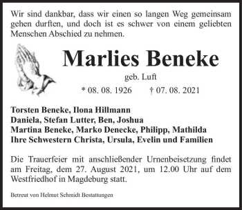 Traueranzeige von Marlies Benecke (geb. Luft)  von Magdeburger Volksstimme