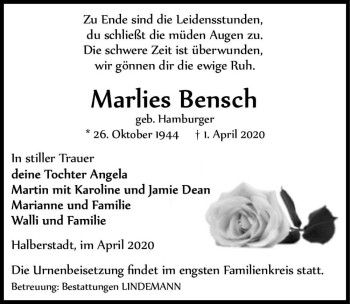 Traueranzeige von Marlies Bensch (geb. Hamburger)  von Magdeburger Volksstimme