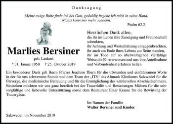 Traueranzeige von Marlies Bersiener (geb. Laukert)  von Magdeburger Volksstimme