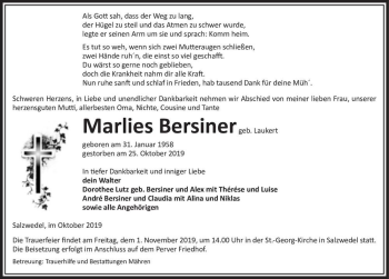 Traueranzeige von Marlies Bersiner (geb. Laukert)  von Magdeburger Volksstimme
