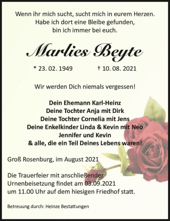 Traueranzeige von Marlies Beyte  von Magdeburger Volksstimme
