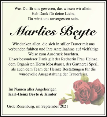 Traueranzeige von Marlies Beyte  von Magdeburger Volksstimme