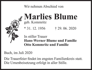 Traueranzeige von Marlies Blume (geb. Kommritz)  von Magdeburger Volksstimme